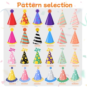 May include: A collection of 24 party hats in diverse designs, featuring stripes, polka dots, and stars. Each hat has a unique colour scheme and is labelled with a design number.