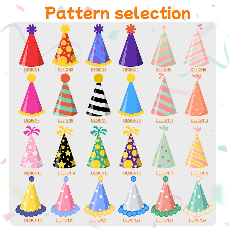 May include: A collection of 24 party hats in diverse designs, featuring stripes, polka dots, and stars. Each hat has a unique colour scheme and is labelled with a design number.
