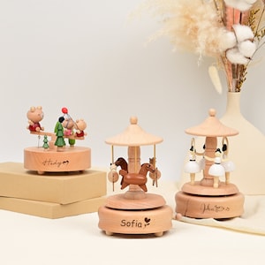 Carrusel musical de madera con bailarina, recuerdo, regalo de Navidad personalizado, caja de música con nombre grabado, regalo para baby shower, Navidad, caja de música de madera