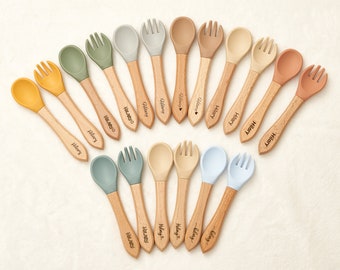 Silicone Baby Spoon and Fork Set, Baby Shower Gift, Personalized Baby Cutlery Set, Engraved Baby Spoon, Gifts for Babies Spoons, Baby Spoon