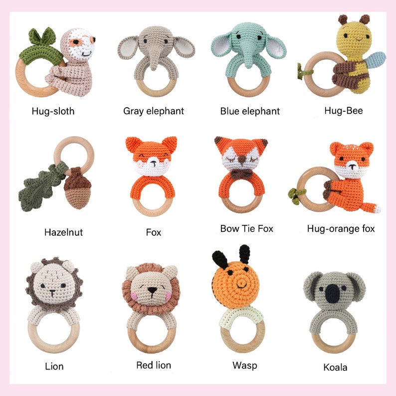 Sonajero de ganchillo animal personalizado, regalo de baby shower, sonajero de madera personalizado para bebés, juguete de sonajero de ganchillo, regalo para recién nacidos, regalo para bebés, juguete para bebés imagen 5