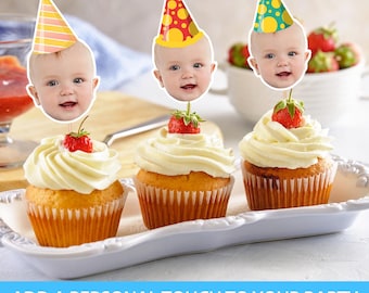 Personalized Baby's First Birthday Photo Cupcake Topper Party Hat - Custom Baby Birthday Party Hat with Custom Photo Topper Face on a Stick