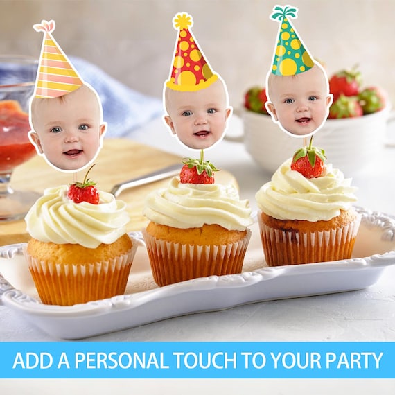 Personalized Baby's First Birthday Photo Cupcake Topper Party Hat - Custom Baby Birthday Party Hat with Custom Photo Topper Face on a Stick