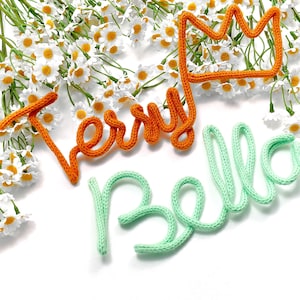 以下が含まれることがあります： オレンジ色のニットクラウンとオレンジ色の糸で「Terry」という名前、緑色の糸で「Bello」という名前。白い表面に、白と黄色のデイジーを背景に配置されています。