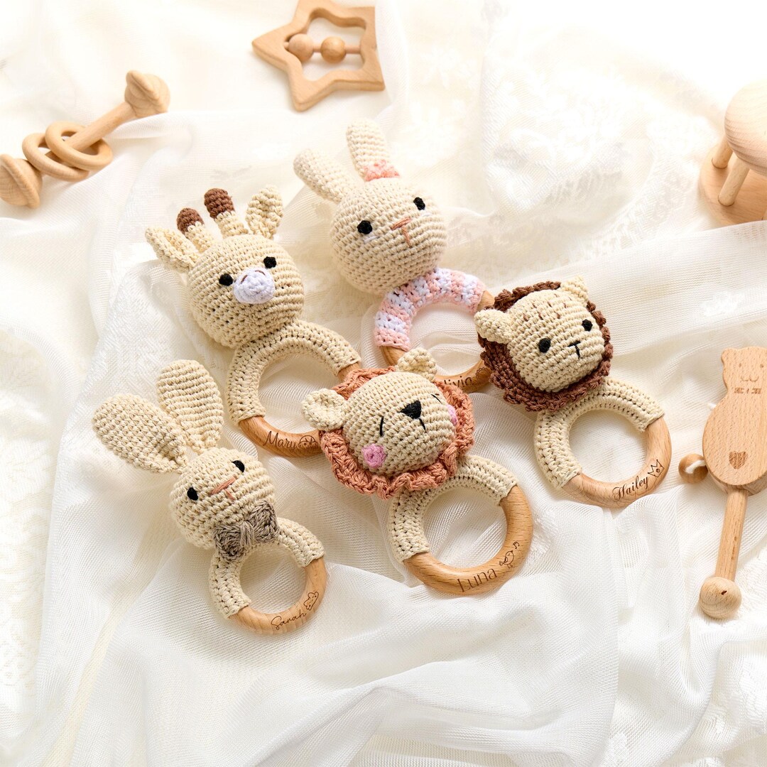 Custom Crochet Baby Rattle With Wooden Teether, Engraved Ring for ...