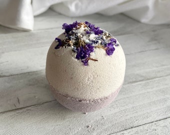 French Lavender Vanilla | Handmade Large Bath Bomb Made with Lavender Buds and Forget-Me-Not Flowers