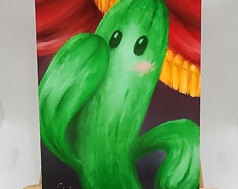 May include: A green cactus character illustration with a cute expression, blush, and yellow accents. The artwork is set against a red curtain with gold fringe, displayed on a wooden easel.