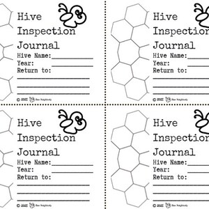 Pode incluir: Quatro p&aacute;ginas brancas do "Hive Inspection Journal" com um gr&aacute;fico de favo de mel e uma ilustra&ccedil;&atilde;o de abelha. Cada p&aacute;gina tem campos para "Nome da Colmeia", "Ano" e "Devolver a:". O texto "&copy; 2021 Bee Neighborly" est&aacute; na parte inferior de cada p&aacute;gina.