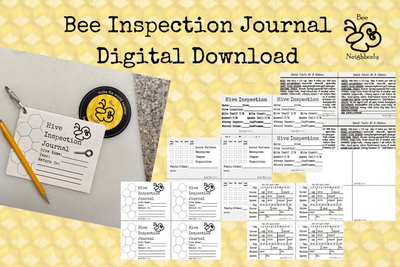 Pode incluir: Um download digital com um di&aacute;rio de inspe&ccedil;&atilde;o de abelhas com um design de favo de mel. A imagem inclui um bloco de notas, um l&aacute;pis e um adesivo redondo com um gr&aacute;fico de abelha. O texto inclui "Bee Inspection Journal" e "Digital Download."