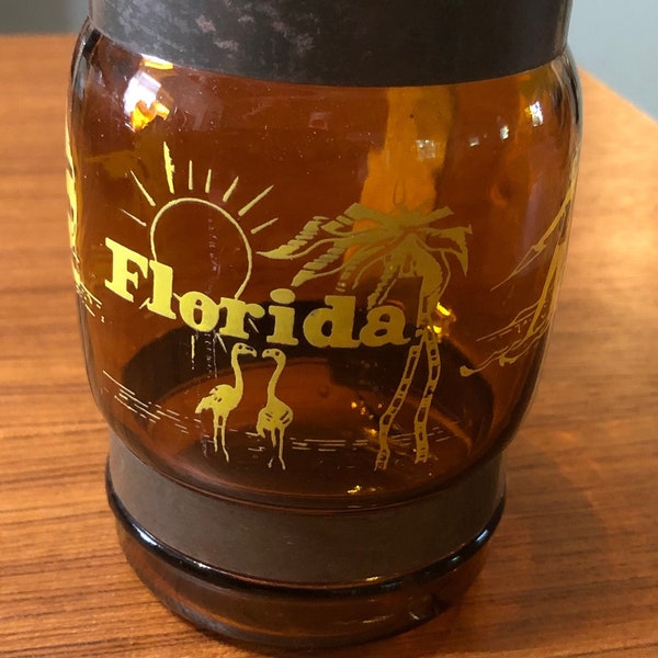 Vintage Siesta Ware Florida Flamingo Alligator Waterski Sun Surf Swordfish Sailboat Brown Amber Glass Root Beer Mug w/ Wooden Handle