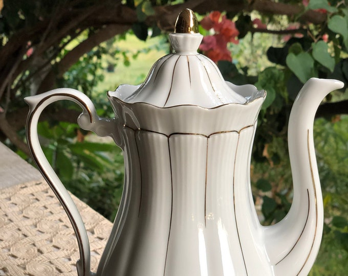 Walbrzych Empire Vintage Coffee Pot Teapot White Fluted Body and Ruffled Trim With Gold Accents