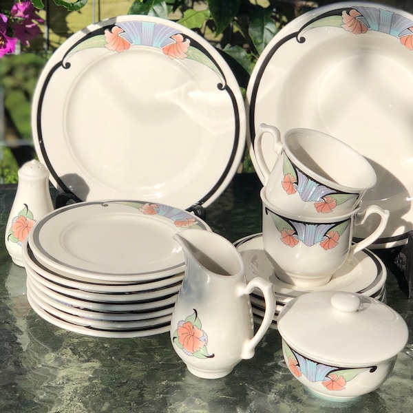 Art Deco Homer Laughlin Restaurant Ware Seville Sugar Bowl/Creamer Salt/Pepper Cup Saucer Soup Bowl Bread Butter Luncheon Plate