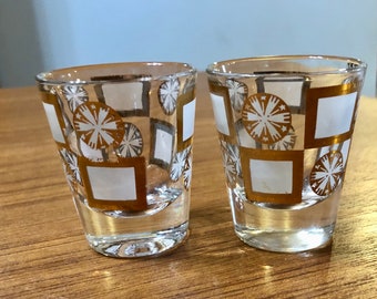 Culver Carnival Mid Century MCM 2oz. Shot Glasses Cocktail Barware 22k Gold and White Set of 2