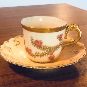 Antique Royal Worchester c.1894 Demitasse and Saucer Set England Pink Floral and Gold Gilt Butter Yellow Porcelain Hand Painted England