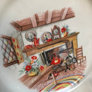 Homer Laughlin Fireplace Scene Plate Vintage Coffee Teacup Saucer Plate with Rare Colonial Kitchen Hearth Motif 1940s Kitchenware SET of 4