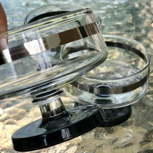 Mid Century Platinum Silver Banded Clear with Smoky Black Footed Bottoms Compote Sherbet Glass Bowls Set of 3
