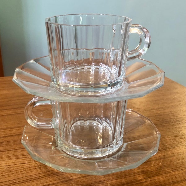 Bormioli Rocco Oxford Coffee Tea Clear Panel Vitrosax Glass Cup and Saucer Set of 2