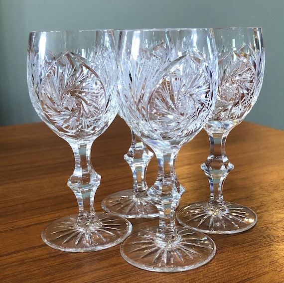 Pair of Lead Crystal 6 5/8 Stemmed Wine Glasses/Goblets - Starburst & Fan