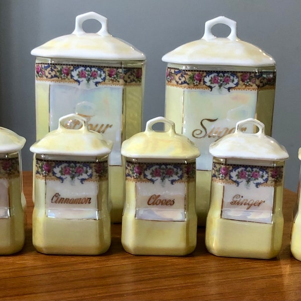 Lusterware Canisters Germany Antique Opalescent Ceramic with Lid Vintage Circa 1891-1910 Flour Sugar Cinnamon Ginger Nutmeg Clove Allspice