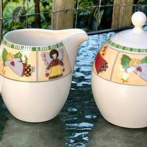 Mikasa Optima Angelica Y4007 Holiday Angels Fine China Christmas Cream and Covered Sugar Bowl Set Retired Vintage Breakfast Coffee Tea