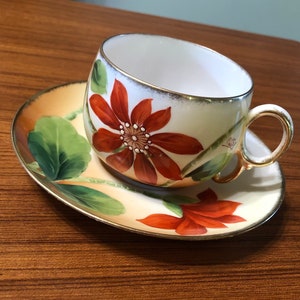 MZ Austria Hand Painted Red Daisy by C. Worl Victorian Antique Teacup and Saucer Set 19th Century Vintage Collectible