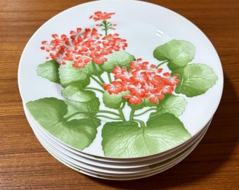 Op de afbeelding: Een stapel witte keramische borden met een bloemenontwerp. Elk bord heeft een levendige illustratie van rode geraniumbloemen en groene bladeren. De borden zijn gestapeld op een houten oppervlak.