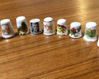 Collectible Thimbles Sewing Embroidering Needlepoint Accessories Assorted Designs Collection 9 Ceramic Bone China Wood