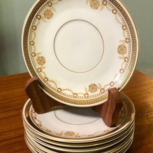 Royal Bayreuth Bavaria Germany Antique Gold Gilt Floral Greek Key Saucers Bread Butter Dessert Appetizer Plate SET of 7 Formal Table Setting