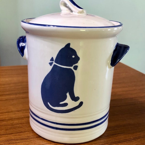 Country Blue Cat Kitten Kittycat International House Canister Cookie Jar Counter Storage Farmhouse Kitchen Cottage Decor