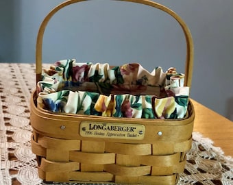 Longaberger Basket 1996 Hostess Appreciation Handwoven w/ handle Ruffled Fabric Liner Plastic Protector Hardwood Maple Organization Storage