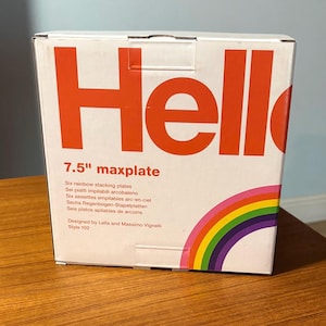 Heller Design Massimo Vignelli Mid-Century Modern Vintage Melamine Rainbow 7.5" Maxplate Salad Plate Set of 6 Newer in Box/Newer Logo
