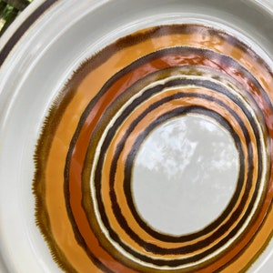 Corona by Acsons 1141 Oven Proof Stone Ware Autumn Orange Yellow Brown Concentric Bands 12 Inch Chop Plate Round Platter 1970s Retro