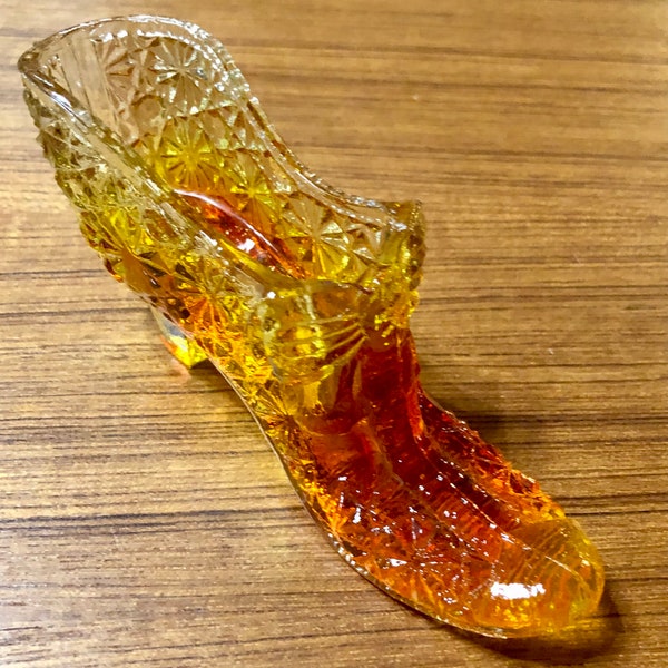 Vintage Fenton Daisy Button Amberina Pressed Glass Amber to Yellow Collectible Shoe