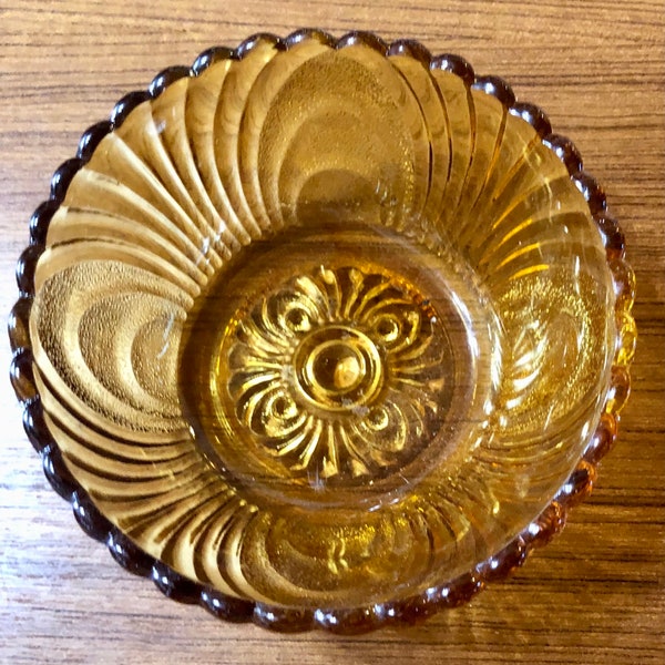 Brockway Nouveau Amber Honey Glass Small Bowl Dip Salsa Candy Trinket Change Embossed Pattern w/Scalloped Edges& Textured Swirls 5 Inches