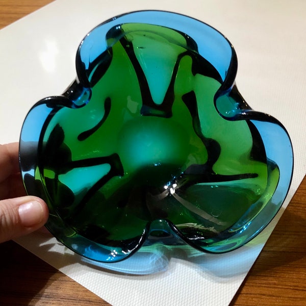 Mid Century MCM Murano Style Chribska Classworks Czech Art Glass Seperate Double Layer Blue Green Folded Edge 3-Sided Ashtray Trinket Bowl