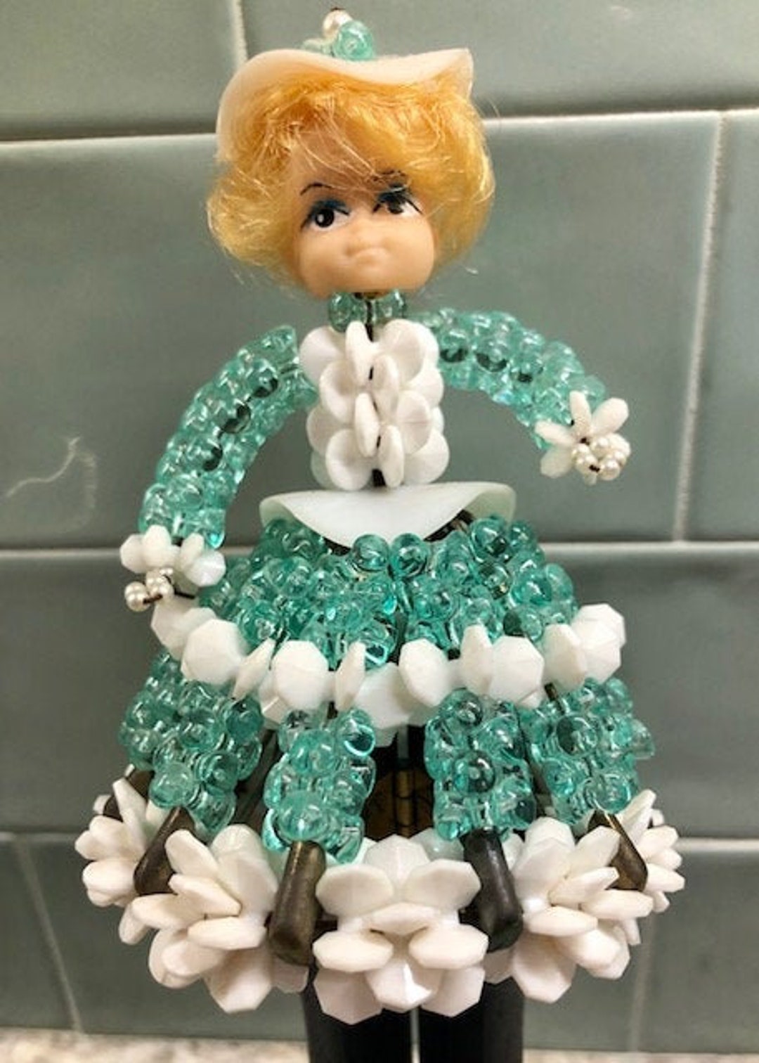 Beaded Doll Made of Safety Pins 1950s Vintage White and Light Blue