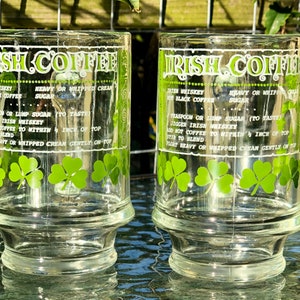 Luck O&#39;the Irish March 17 Saint Patrick&#39;s Day Irish Coffee Glass Mug w/ Recipe Irish Whiskey Coffee Cream Sugar Leprechaun Clovers Set of 2
