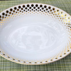 Mikasa Narumi Embassy 5879 Oval Vegetable Serving Dish Serveware White with Metallic Gold and Black Dots Vintage 1950s