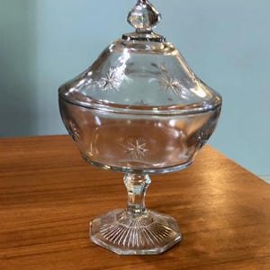 Bethlehem Bright Star#152 Indiana Pressed Glass Candy Apothecary Jar Footed Compote w/Lid Clear Purple Tint Vintage Antique from 1910-1920