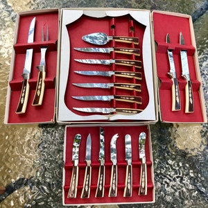Sheffield English Blades Mid Century 19 Piece Treasure Chest Stainless Steel Knife Cutlery Plastic Handle Leaf Pattern Grand Millennial