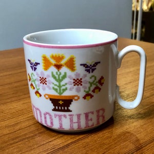 Taza de café, té y chocolate caliente con diseño de madre de Lefton China, punto de cruz vintage, 1046, Día de la Madre