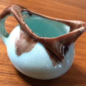 Vintage Creamer 1950&#39;s Mid Century Miniature Blue with Brown Dripware Handmade Ceramic Pottery Pitcher