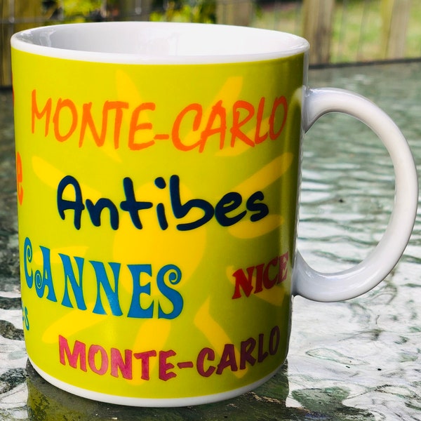 Nem Tours France Souvenir Coffee Tea Mug with Destination Points of Interest French Cities Monaco Cannes Antibes Nice Monte Carlo