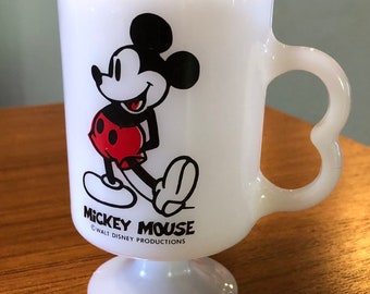Mickey Mouse Walt Disney Productions Collectible Vintage Retro Footed Pedestal Milk Glass Coffee Tea Mug Cup Souvenir Memento