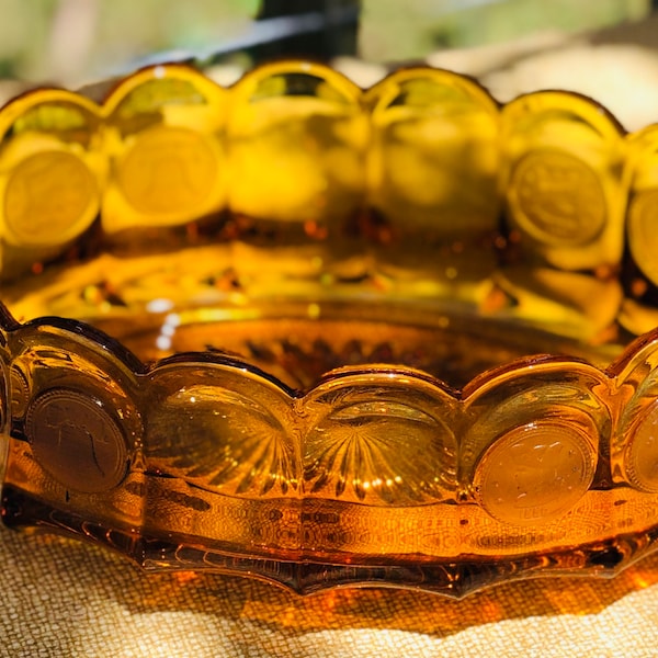 Fostoria Golden Amber Yellow Glass with Etched Liberty Bell and President Coin Design Scalloped Edges 8 Inch Oval Bowl