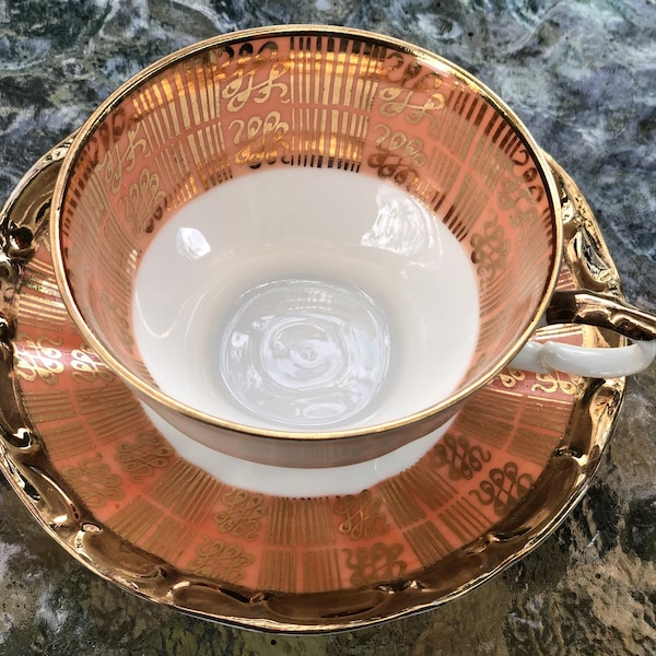 Demitasse 100 Jahre Bareuther Waldsassen Bavaria Demitasse Porcelain Footed Coffee Cup and Saucer Gold and Peach