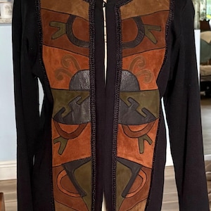 Vintage Elvia Jaramillo Patchwork Suede and Knit Cardigan Sweater Jacket Small Acrylic Genuine Leather