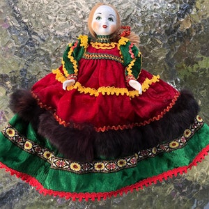 Doll Collectible Hand Made Russian Traditional Folk Dress with Fur Trim Porcelain Face Hands and Feet