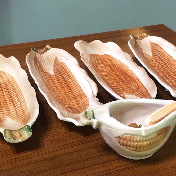 Vintage Ear of Corn Cob Dishes with Butter Dish and Brush for Picnic Barbecue Summertime Foods Set of 4 Made in Japan