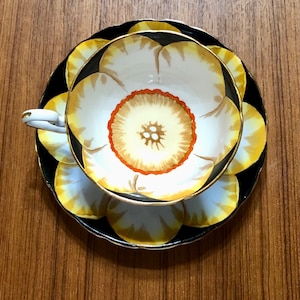 Victoria Jonquil Cartwright & Edwards Yellow Flower Hand Painted Black Background Tea Coffee Cup and Saucer Set Bone China England